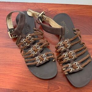 Michael Kors Brown Braided Leather Gladiator Sandals with Gold Hardware